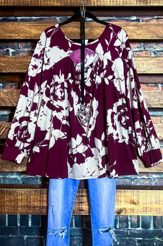 CHEERFUL MOMENTS WINE FLORAL TUNIC