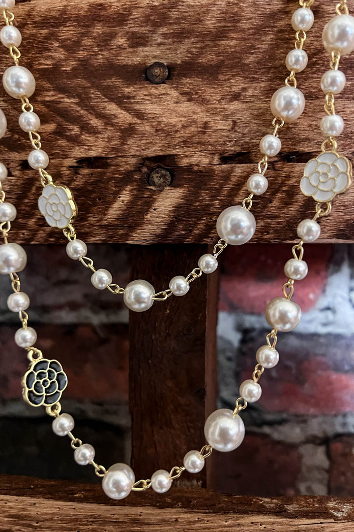 Sweet Harmony Black & White Flower Long Necklace