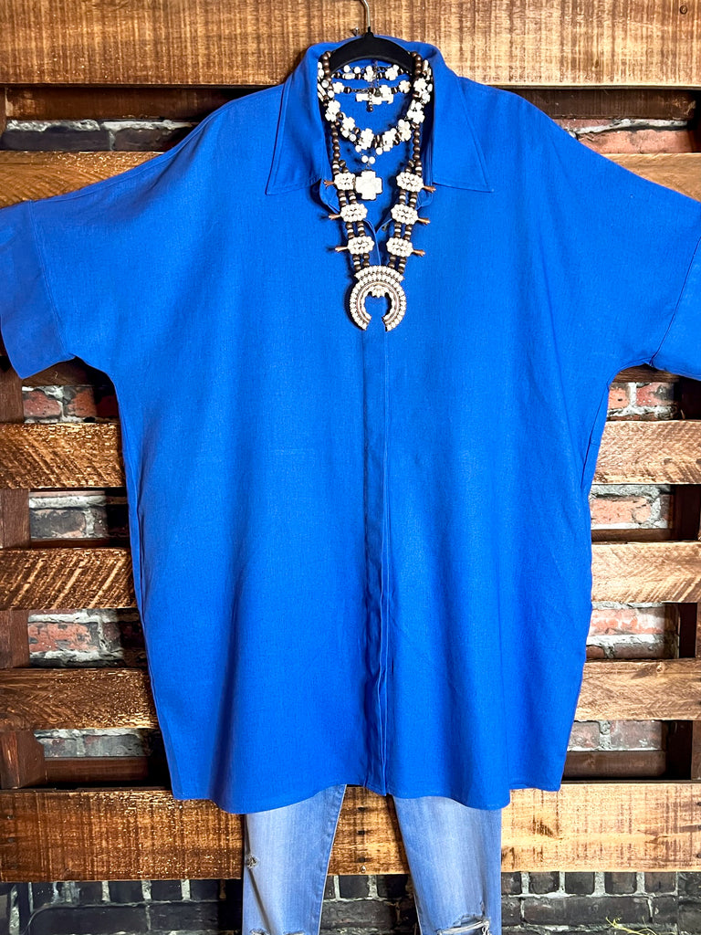 NATURAL BEAUTY BLUE LINEN OVERSIZED TIMELESS SHIRT DRESS