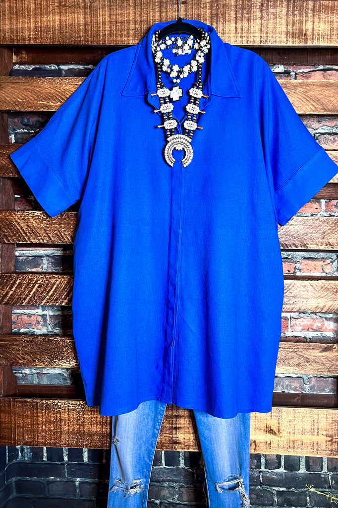 NATURAL BEAUTY BLUE LINEN OVERSIZED TIMELESS SHIRT DRESS