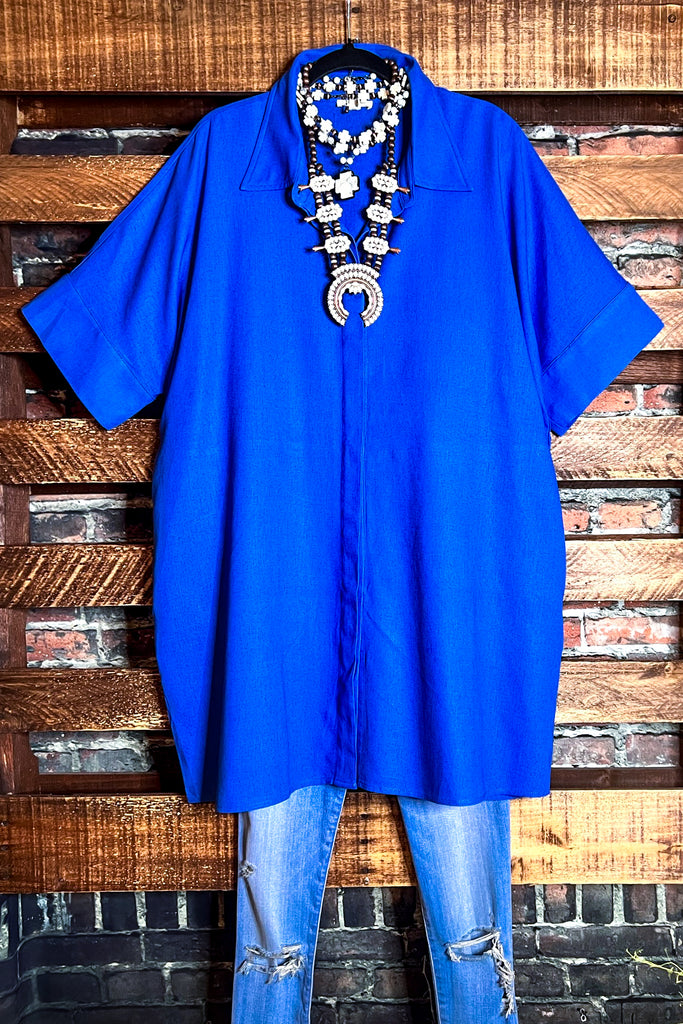 NATURAL BEAUTY BLUE LINEN OVERSIZED TIMELESS SHIRT DRESS