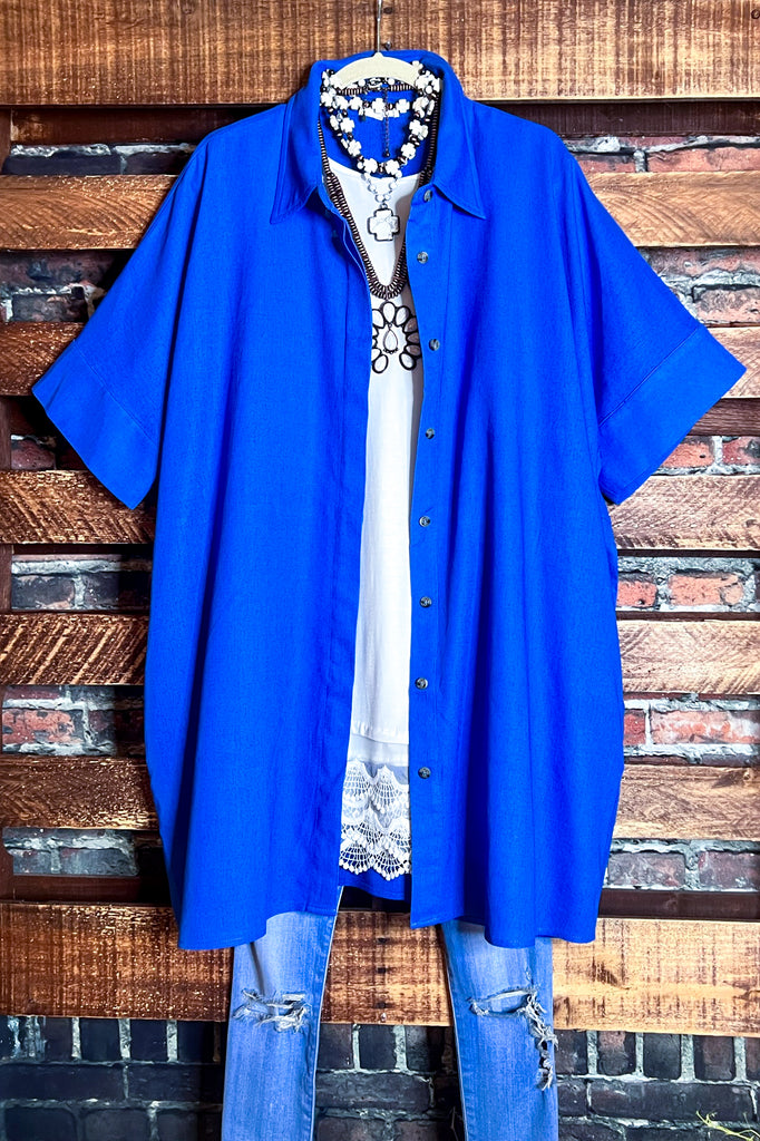 NATURAL BEAUTY BLUE LINEN OVERSIZED TIMELESS SHIRT DRESS