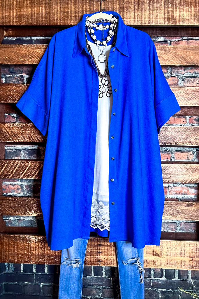 NATURAL BEAUTY BLUE LINEN OVERSIZED TIMELESS SHIRT DRESS