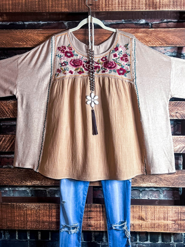 LIVE IN HARMONY LIGHT MOCHA EMBROIDERED BABYDOLL TOP