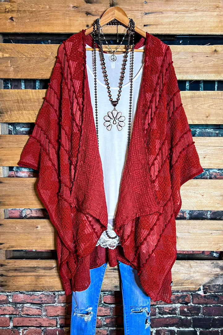 GENUINE SOUL SOFT BOHO EMBELLISHED KIMONO IN RUST