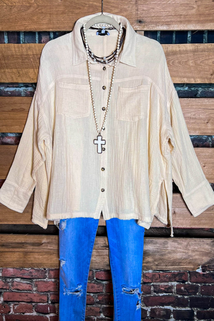 LIVE IN HARMONY 100% COTTON SHABBY SHIRT IN NATURAL BEIGE