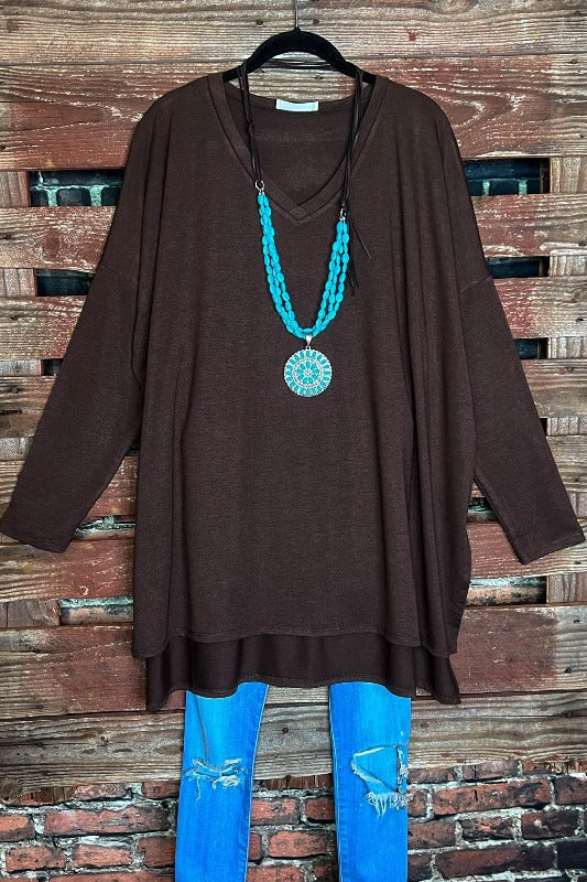 FOREVER PERFECTLY SIMPLE T-TUNIC OVERSIZED IN BROWN