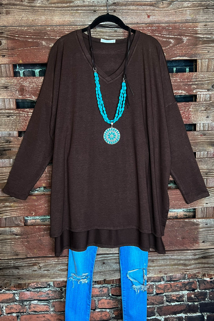 FOREVER PERFECTLY SIMPLE T-TUNIC OVERSIZED IN BROWN