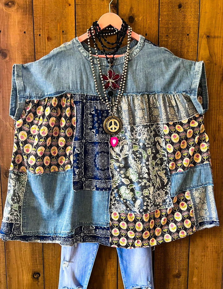 A Good Feeling Artisan Star Patch Tunic - Blue Denim & Multi-Color