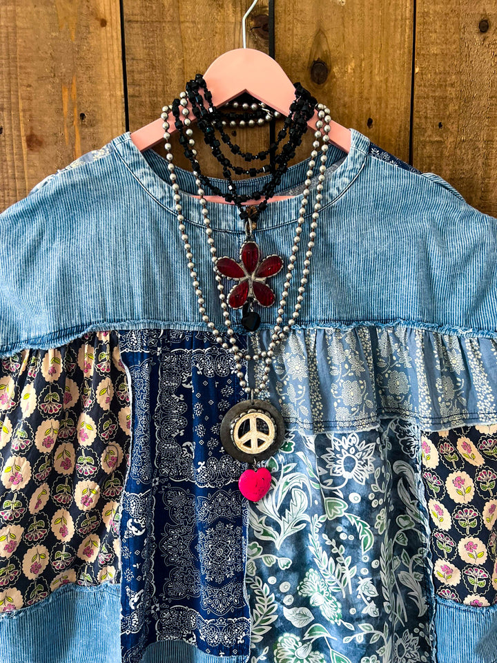 A Good Feeling Artisan Star Patch Tunic - Blue Denim & Multi-Color