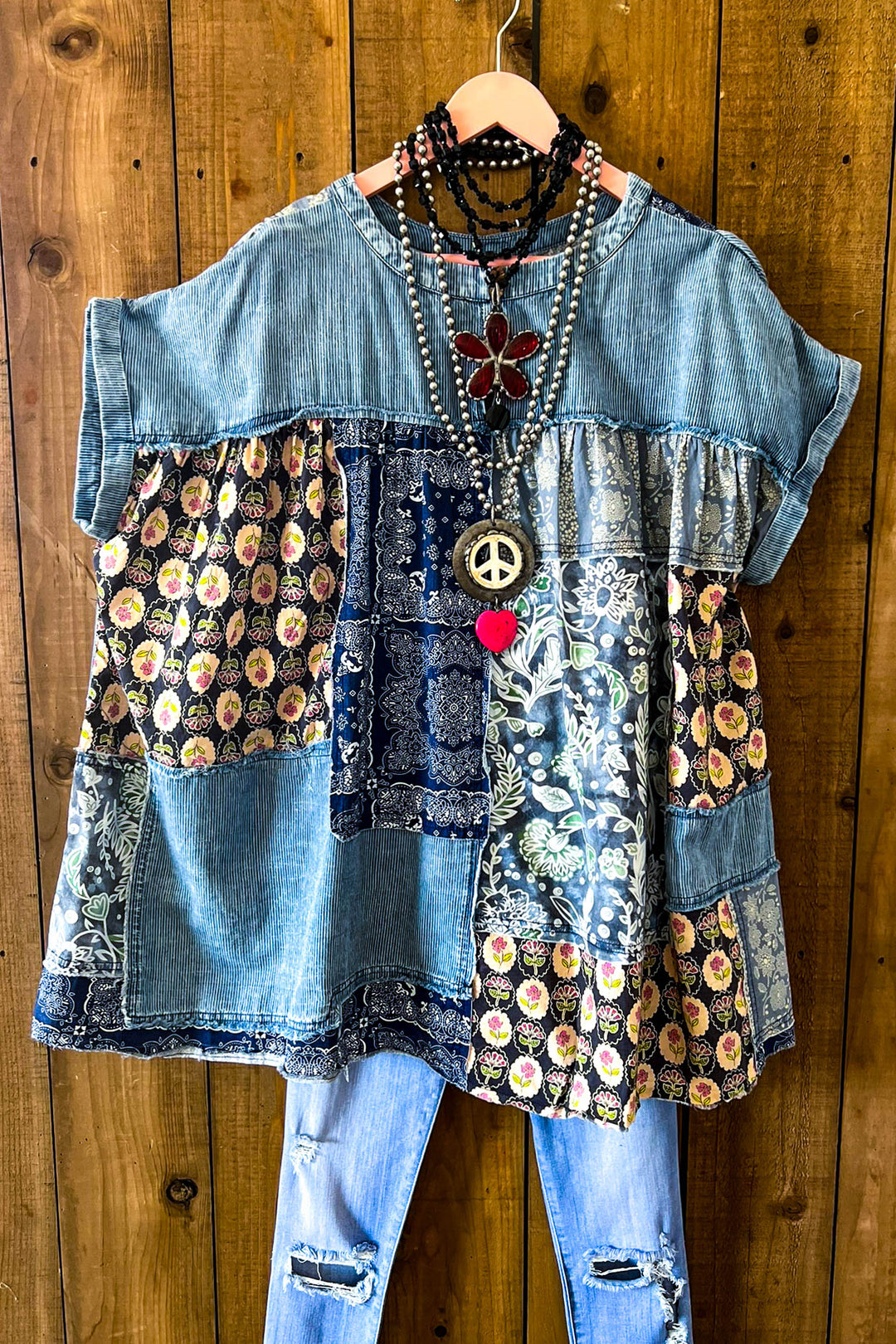 A Good Feeling Artisan Star Patch Tunic - Blue Denim & Multi-Color