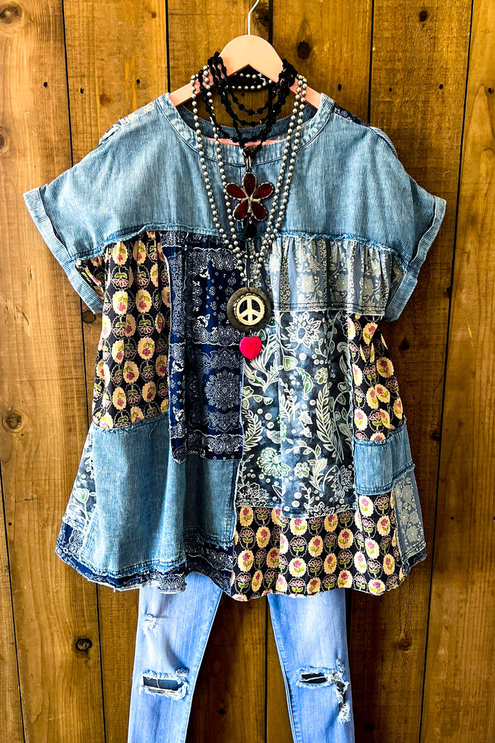 A Good Feeling Artisan Star Patch Tunic - Blue Denim & Multi-Color