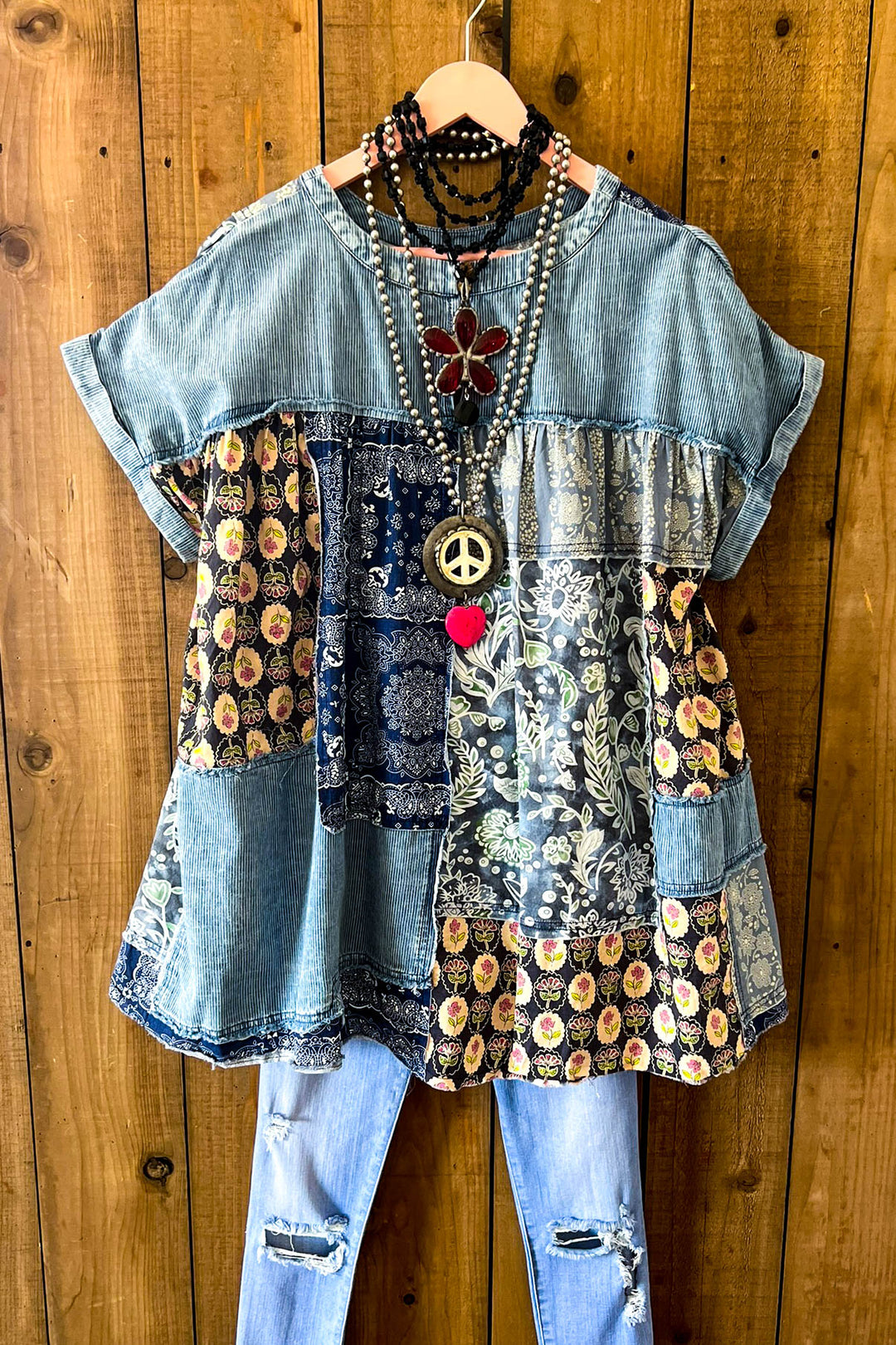 A Good Feeling Artisan Star Patch Tunic - Blue Denim & Multi-Color