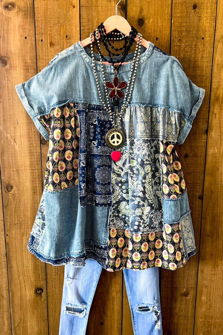A Good Feeling Artisan Star Patch Tunic - Blue Denim & Multi-Color