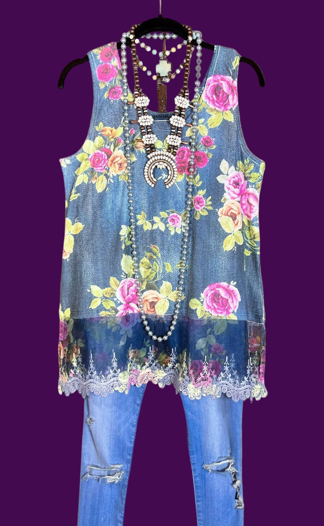 Promise In My Heart Denim & Roses Lace Layering Top