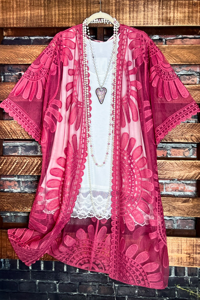 RADIANT ROMANCE ROSE LACE DUSTER KIMONO