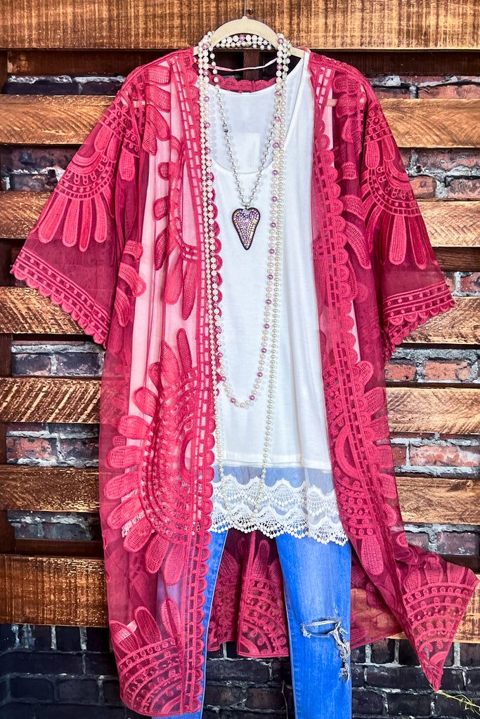 RADIANT ROMANCE ROSE LACE DUSTER KIMONO