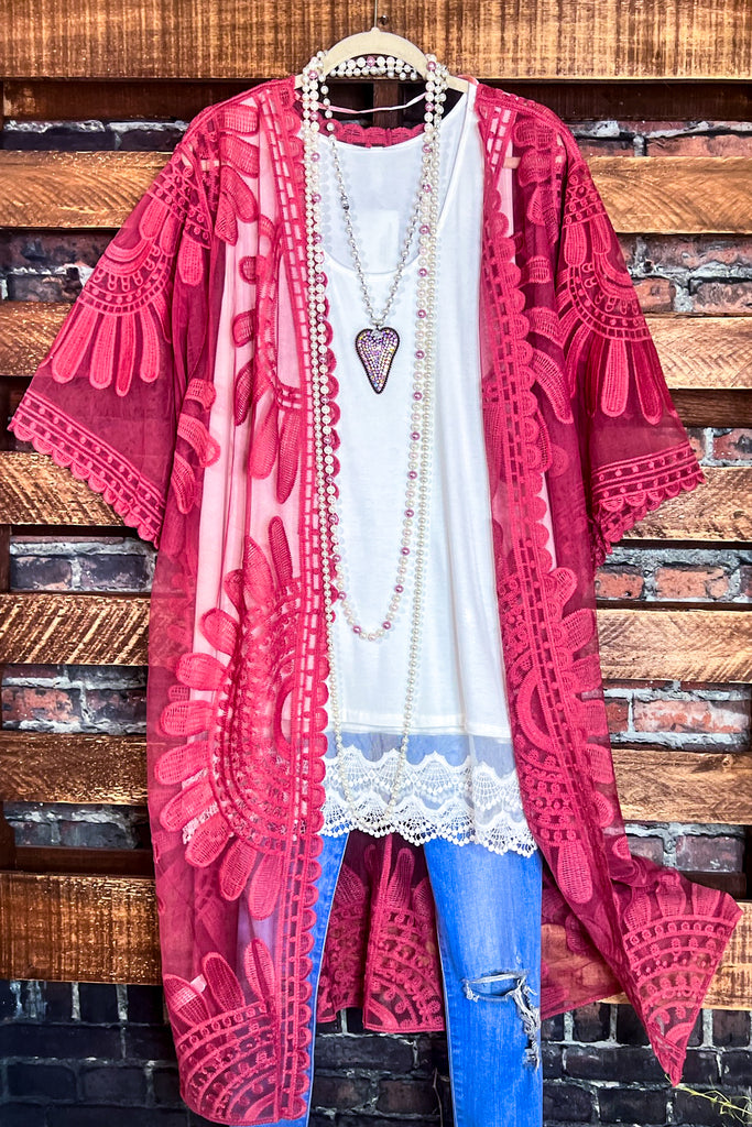 RADIANT ROMANCE ROSE LACE DUSTER KIMONO