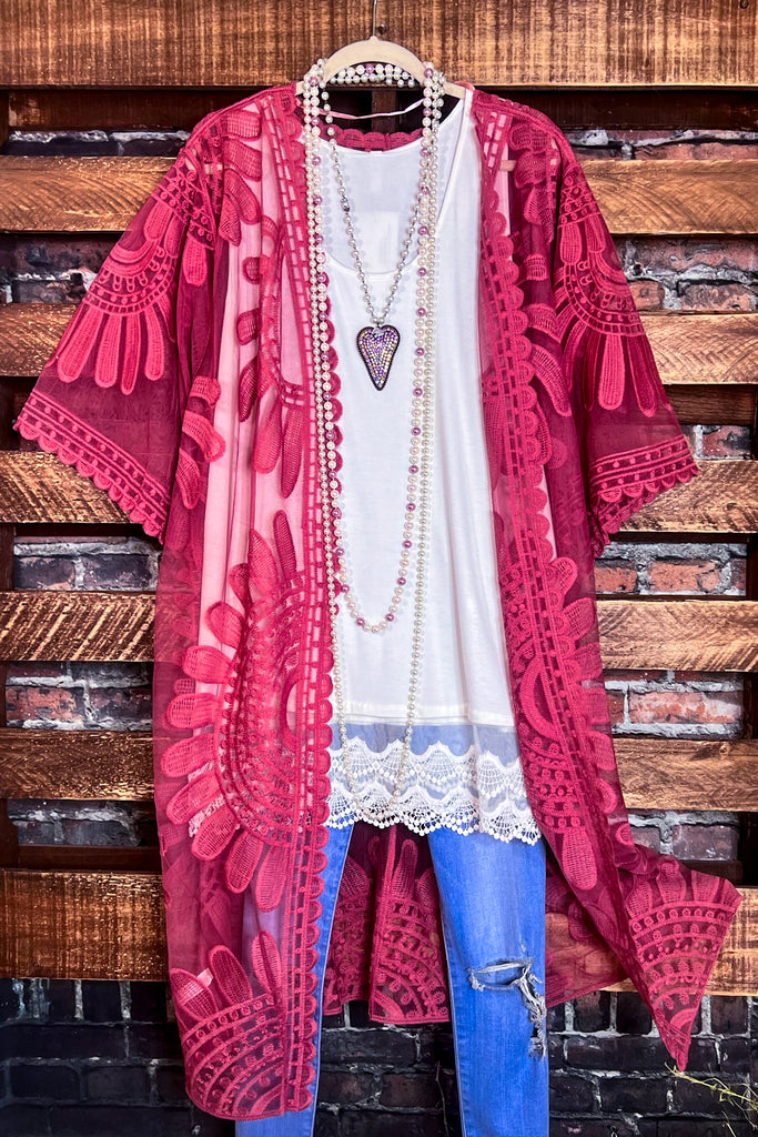 RADIANT ROMANCE ROSE LACE DUSTER KIMONO