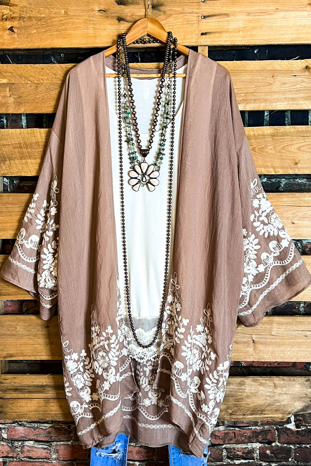 OUR ORIGINAL LOVE BOHO GAUZE FLORAL EMBROIDERED KIMONO IN MOCHA