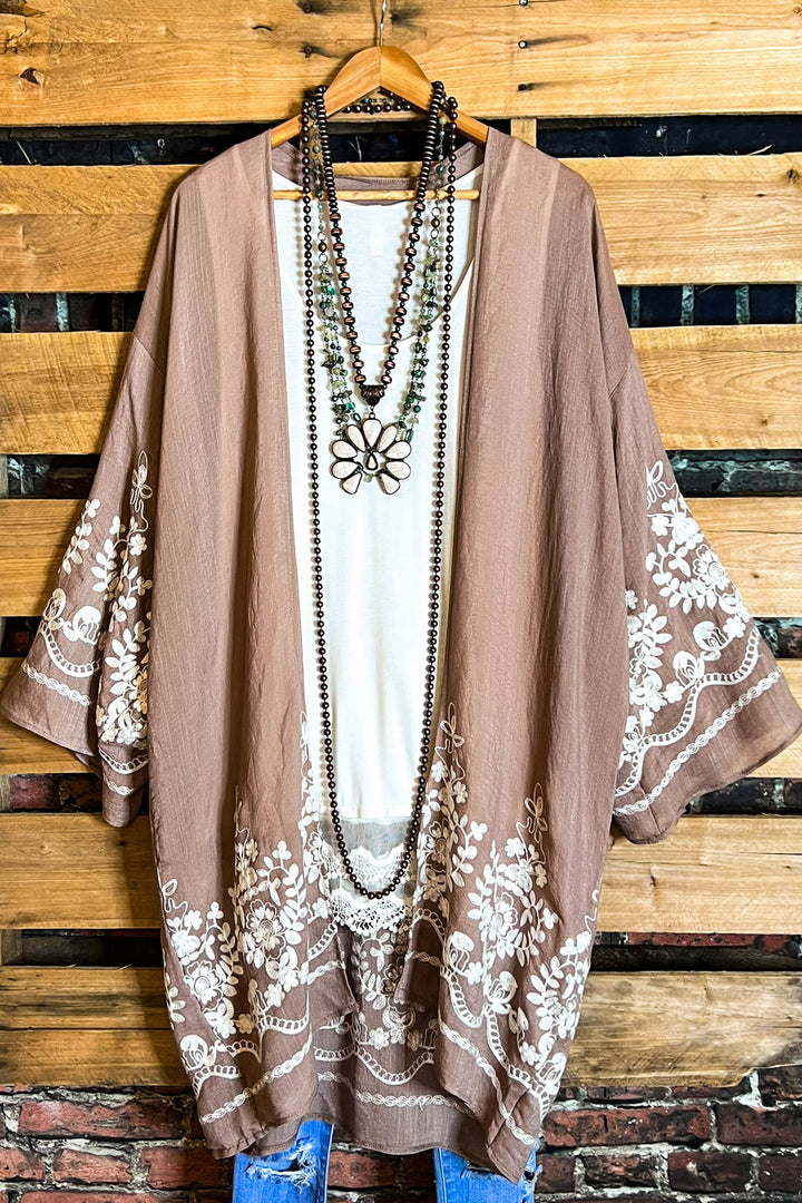OUR ORIGINAL LOVE BOHO GAUZE FLORAL EMBROIDERED KIMONO IN MOCHA