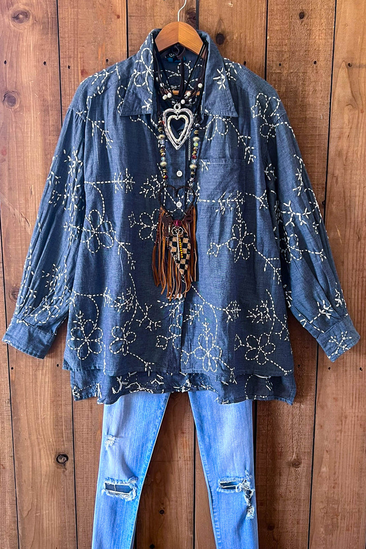 Moon Bay Floral Hand Embroidered Shirt 100% Cotton - Made in USA