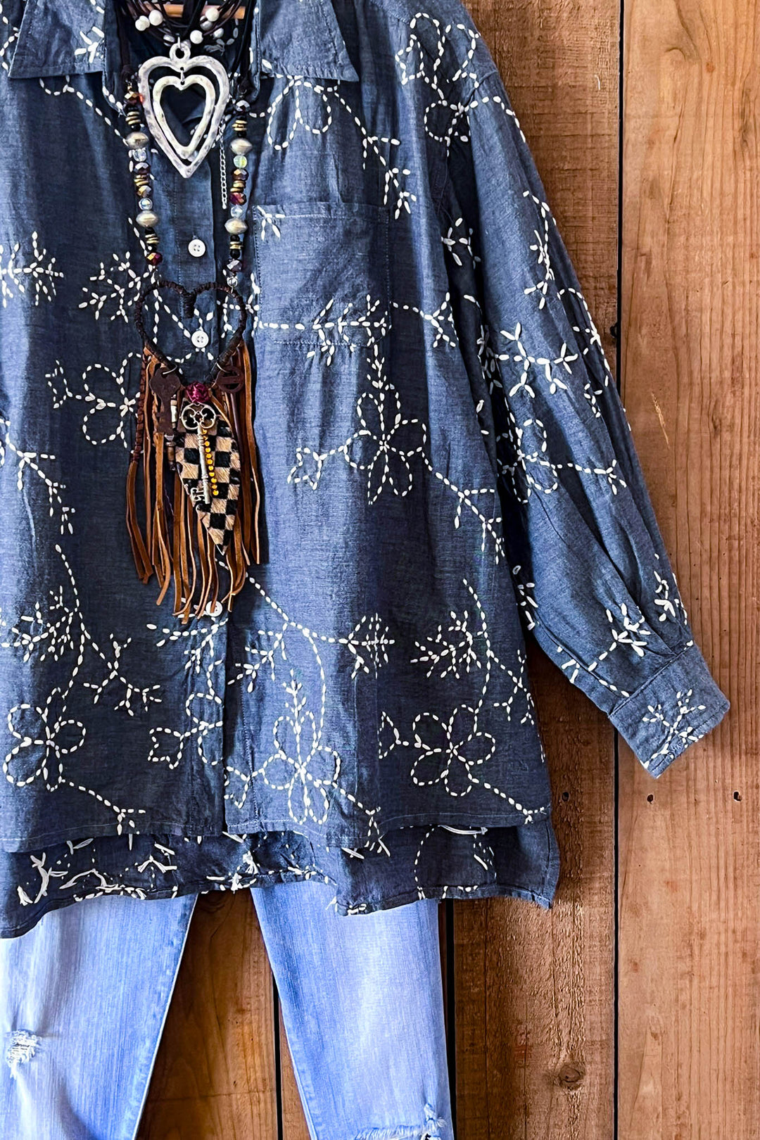 Moon Bay Floral Hand Embroidered Shirt 100% Cotton - Made in USA