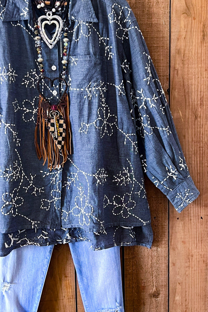 Moon Bay Floral Hand Embroidered Shirt 100% Cotton - Made in USA