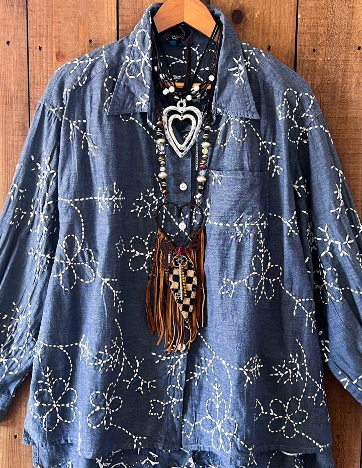 Moon Bay Floral Hand Embroidered Shirt 100% Cotton - Made in USA