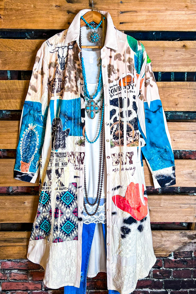 Boho Western Fab Embellished Lace Long Jacket in Multi-Color