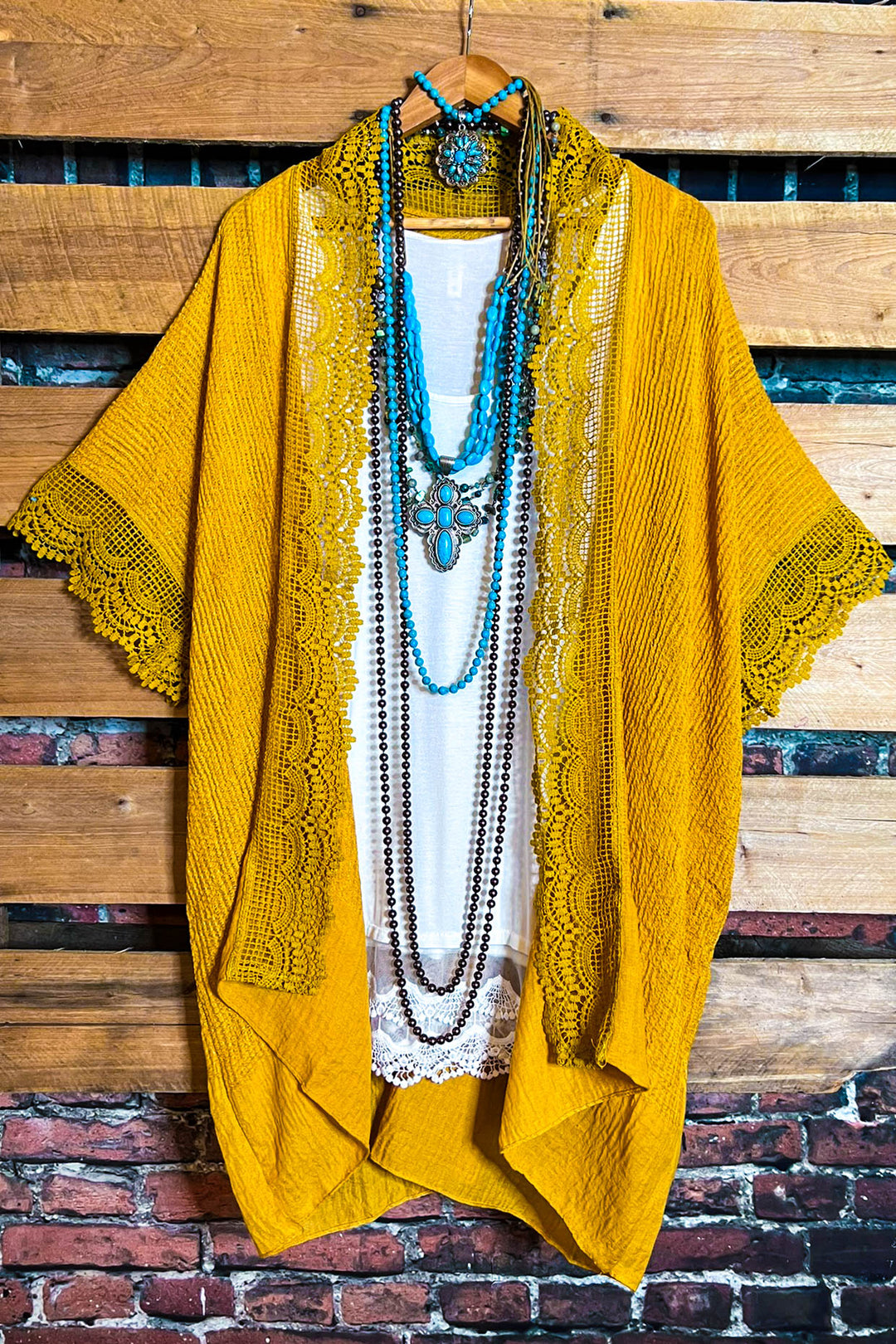 MATTERS OF THE HEART LACE MUSTARD DUSTER KIMONO
