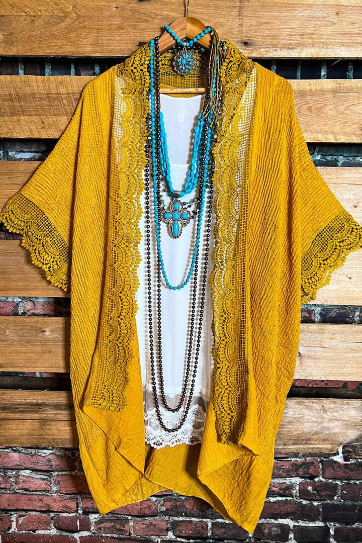 MATTERS OF THE HEART LACE MUSTARD DUSTER KIMONO