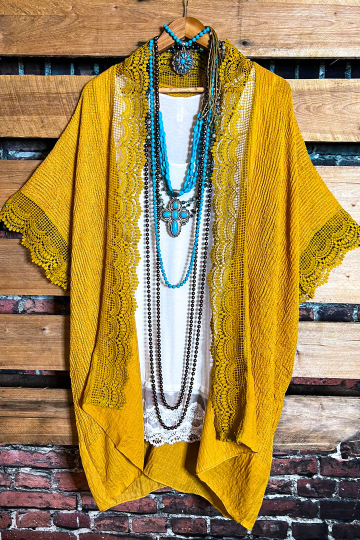 MATTERS OF THE HEART LACE MUSTARD DUSTER KIMONO