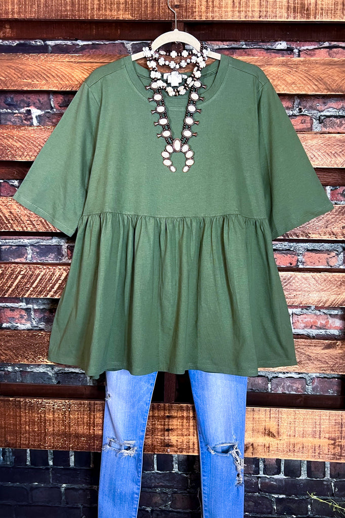 LET'S GO TO TOWN 100 % COTTON BABYDOLL TOP IN OLIVE