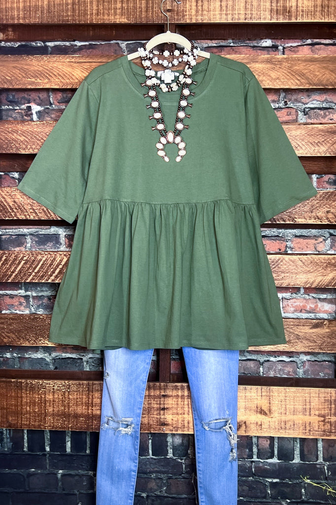 LET'S GO TO TOWN 100 % COTTON BABYDOLL TOP IN OLIVE