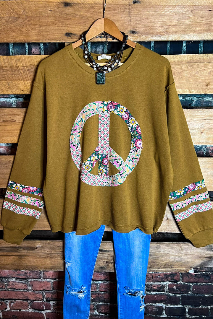 BOHO PEACE & LOVE 100% COTTON SWEATSHIRT IN CAMEL
