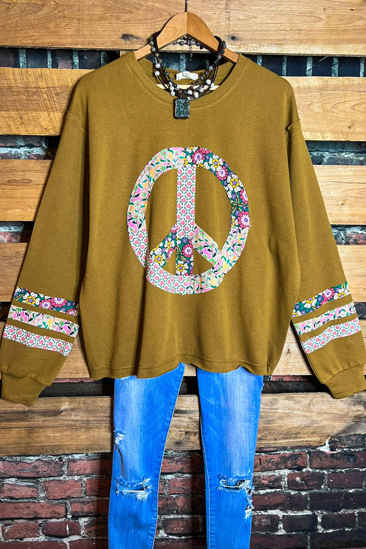 BOHO PEACE & LOVE 100% COTTON SWEATSHIRT IN CAMEL