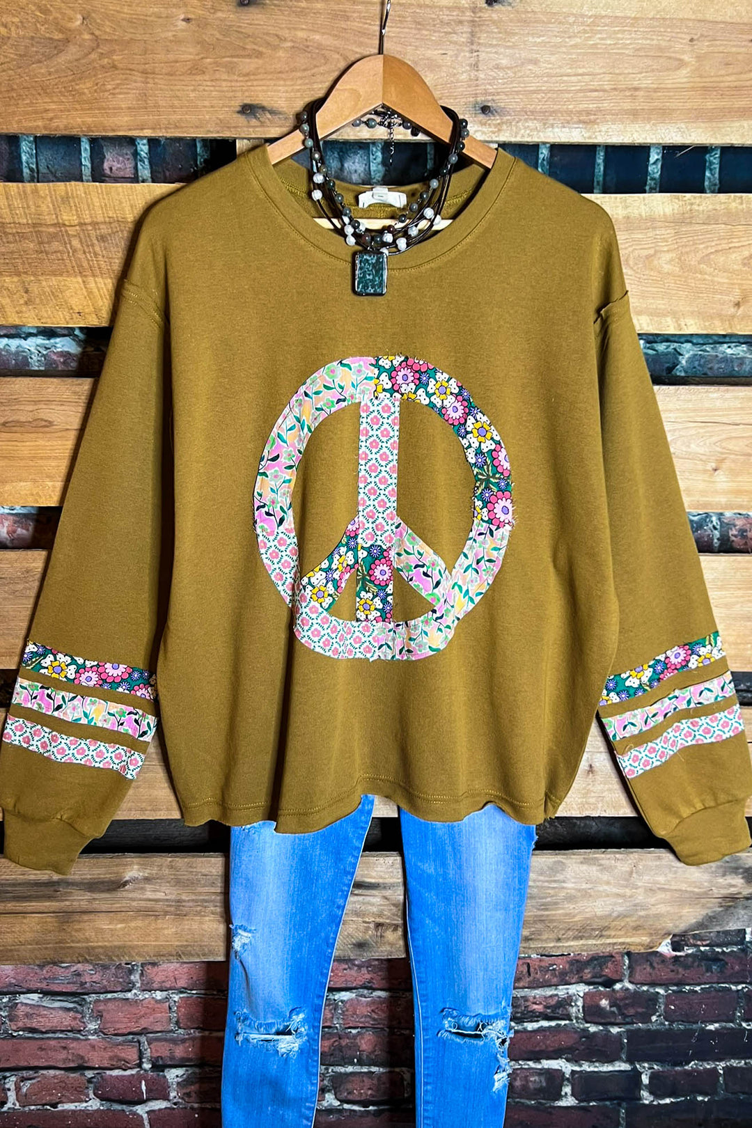 BOHO PEACE & LOVE 100% COTTON SWEATSHIRT IN CAMEL
