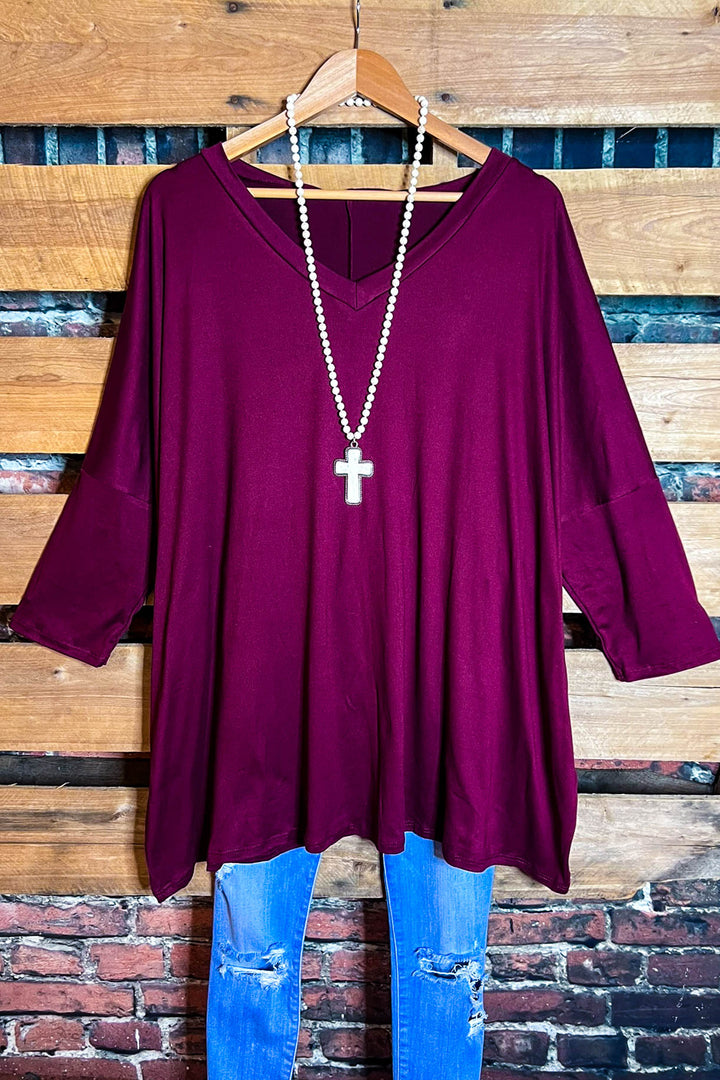 SIMPLE IS BETTER CASUAL T-SHIRT TUNIC IN  BURGUNDY