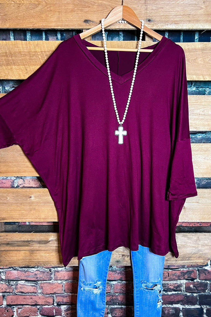 SIMPLE IS BETTER CASUAL T-SHIRT TUNIC IN  BURGUNDY