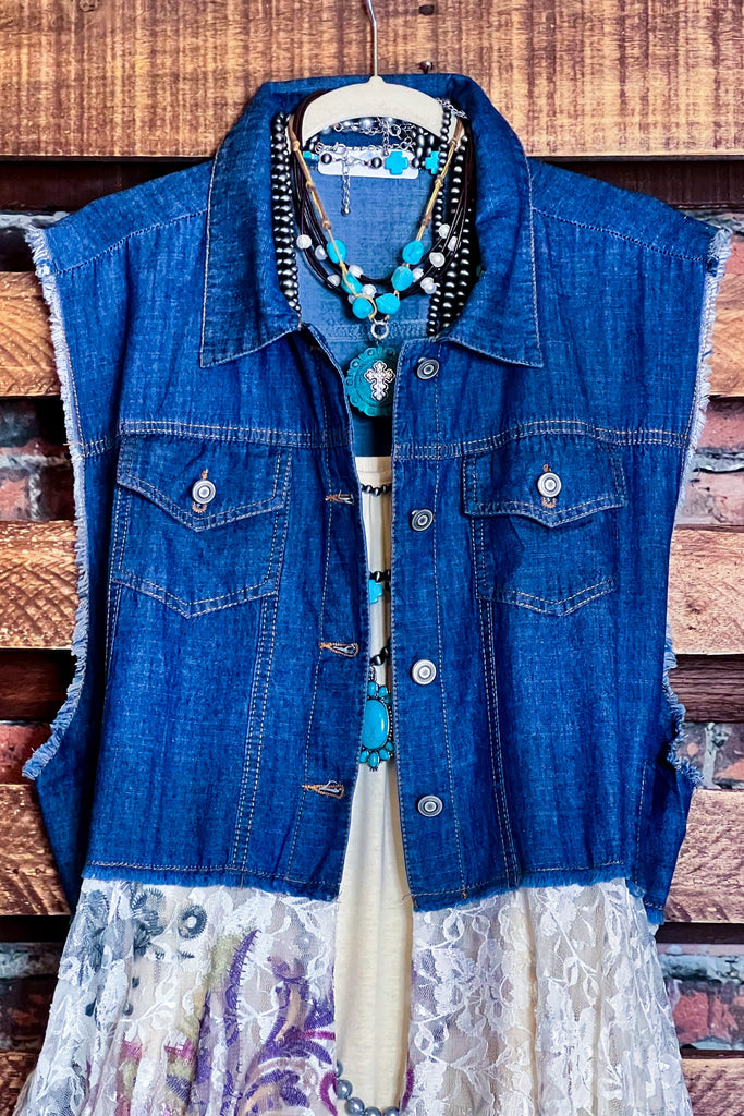 BEAUTIFUL ASPIRATION DENIM & FLORAL LACE VEST