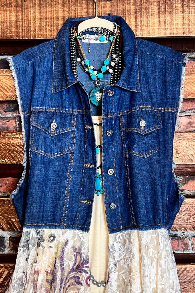 BEAUTIFUL ASPIRATION DENIM & FLORAL LACE VEST