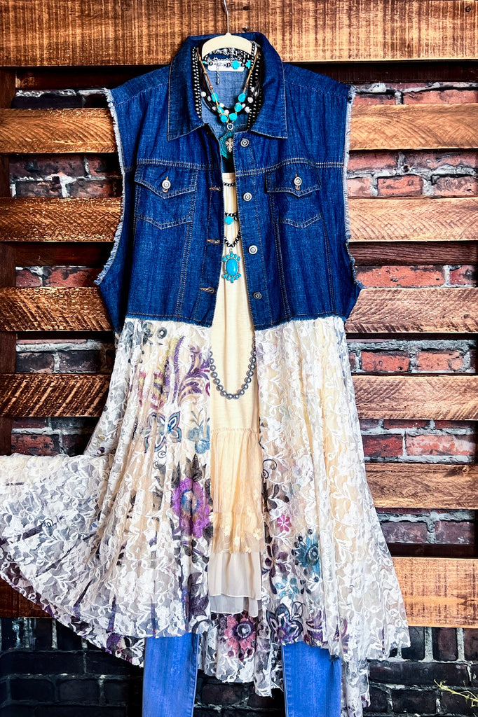 BEAUTIFUL ASPIRATION DENIM & FLORAL LACE VEST