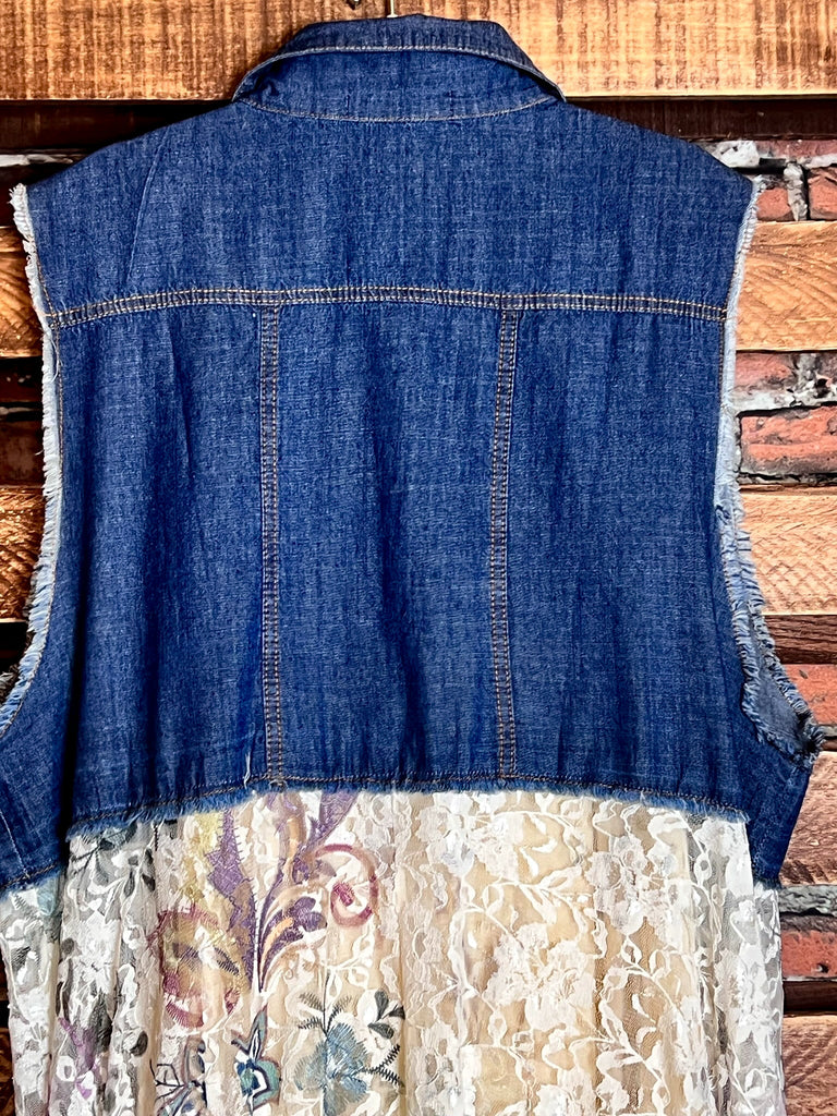 BEAUTIFUL ASPIRATION DENIM & FLORAL LACE VEST