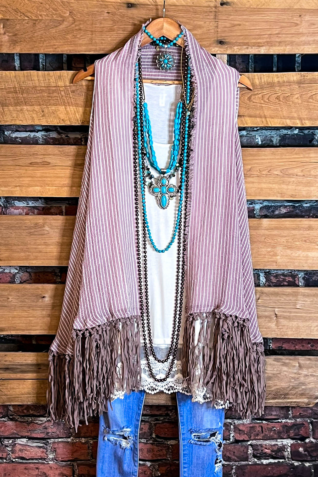 FLEUR D' CACTUS BOHO SHABBY VEST IN DUSTY MAUVE