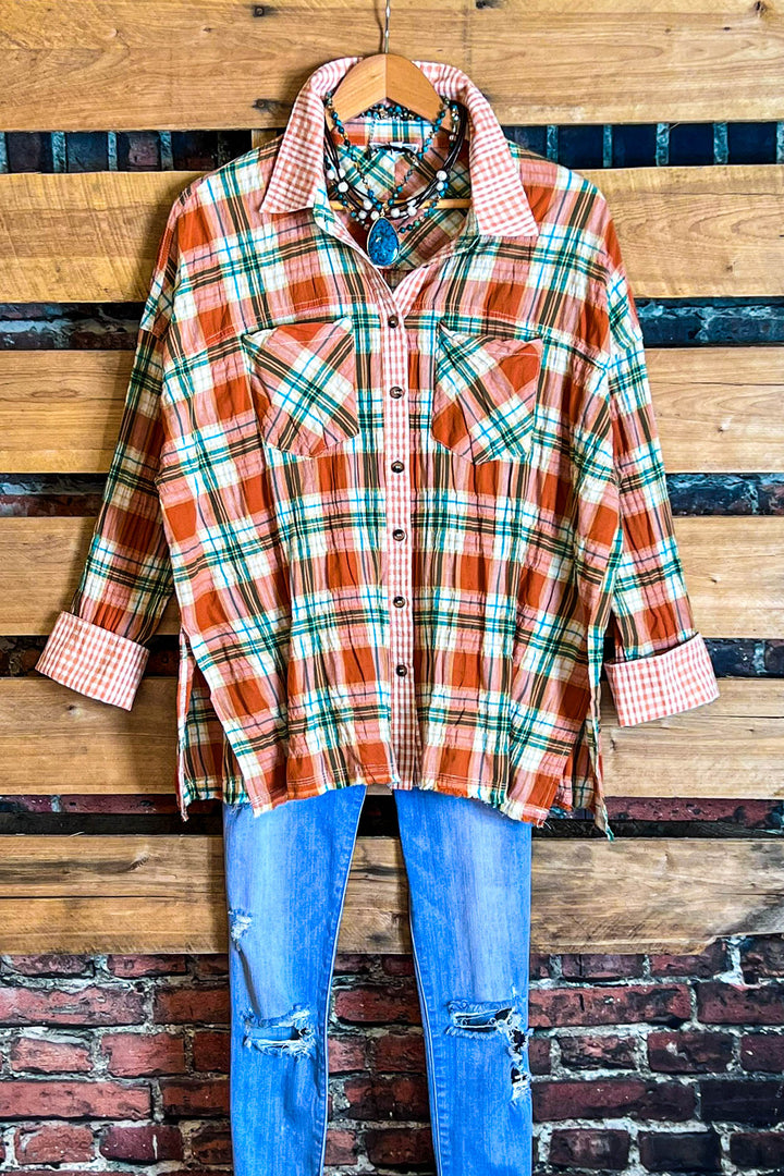 PLAID SHIRT IN RUST & MULTI-COLOR---------SALE