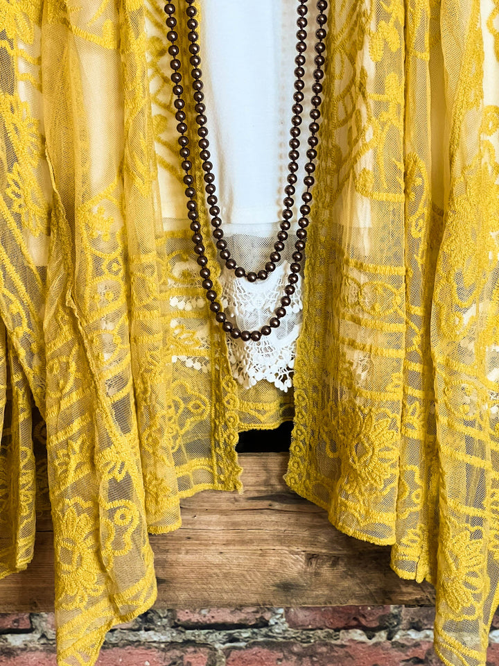 A FABULOUS HEART MUSTARD LACE DUSTER CARDIGAN