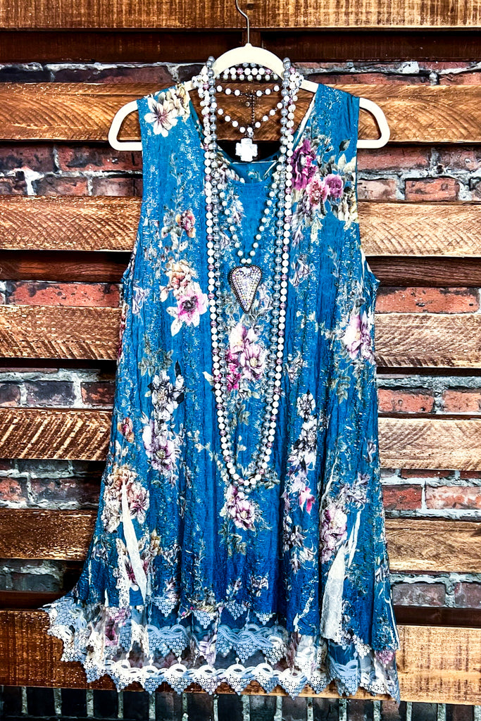 SECRET GARDENS LACE LAYERED TUNIC IN TEAL & FLORAL