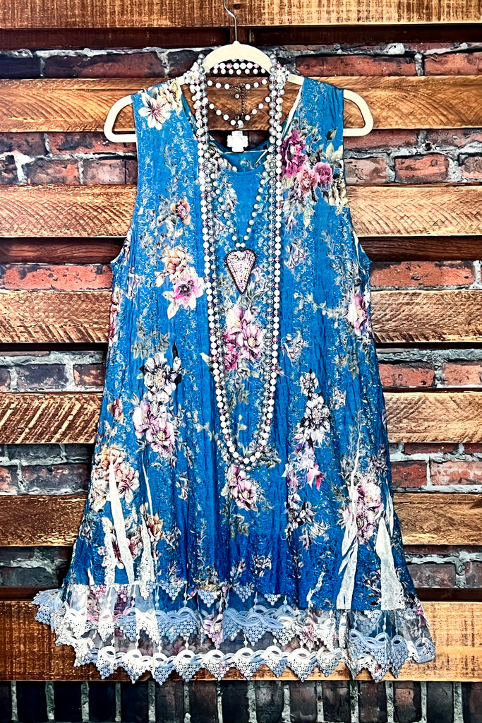 SECRET GARDENS LACE LAYERED TUNIC IN TEAL & FLORAL