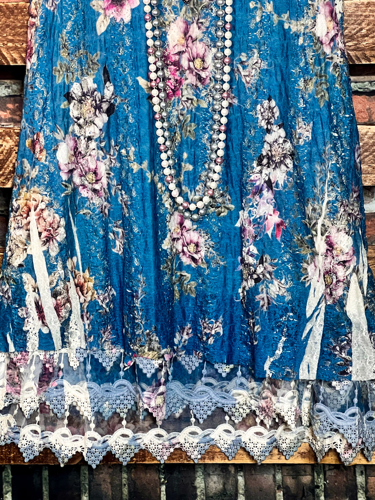 SECRET GARDENS LACE LAYERED TUNIC IN TEAL & FLORAL